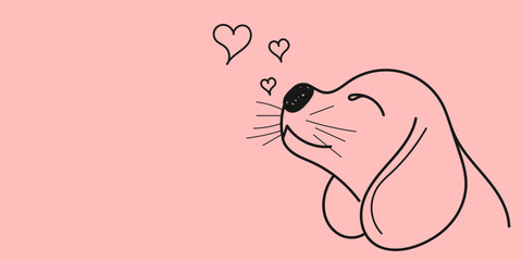 Beautiful and cute dog in linear style. Hand drawn dog head with hearts in pink background. Line art illustration pet animal with space for text. Vector illustration