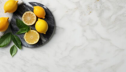  a marble plate with lemons and leaves on a marble table top with a white towel and a white towel on the side of the plate.  generative ai