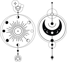 Bohemian Universe Illustration with Moon Phases, Stars and Rays . Astrology SVG Vector Clipart. Celestial, Mystical, Esoteric designs perfect for Printing. T-shirt, Mugs Cut File. Universe Art