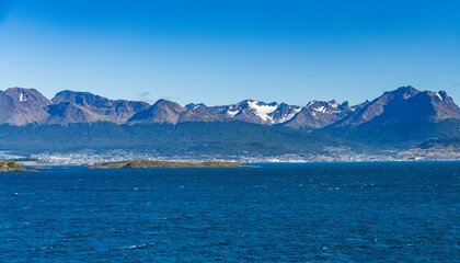 Fototapeta na wymiar Panorama of the city of Ushuaia in Patagonia Argentina under the snow mountains