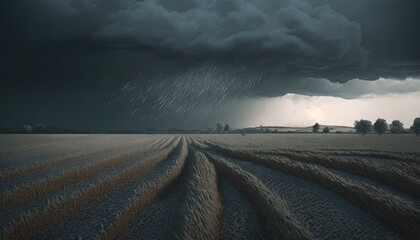  a storm is coming over a field with trees in the distance and a sky filled with rain and clouds over a field with a row of crops.  generative ai