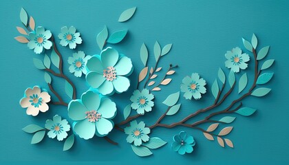  a paper cut out of flowers on a blue background with leaves and flowers on the stems and the stems of the flowers on the stems.  generative ai