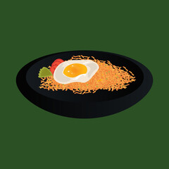 a black bowl with a noodle dish topped with an egg

