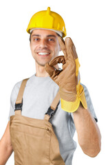 Young male builder in helmet showing okay on a white background