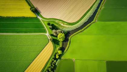 Poster Generative AI, Farm landscape, agricultural fields, beautiful countryside, country road. Nature Illustration, photorealistic top view drone, horizontal banner.   © DELstudio