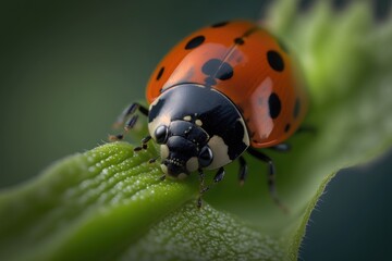 photo of a ladybug on a green leaf in macro detail  - generative ai