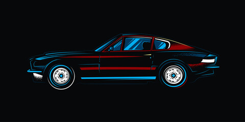 Naklejka premium The American muscle car is red in color. T-shirt design. Vector vintage illustration.