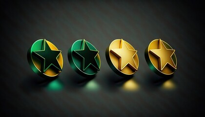  a group of three shiny stars on a black background with a green and yellow stripe around the center of the star, and a green and gold star on the bottom of the right.  generative ai