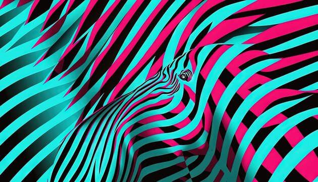  a zebra's head is shown with a pink and blue pattern on the zebra's back side of its neck and neck, as if it's head is in the center of the picture.  generative ai