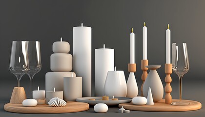  a table with candles, candlesticks, and a plate with a candle holder on it and a plate with a candle holder on it.  generative ai