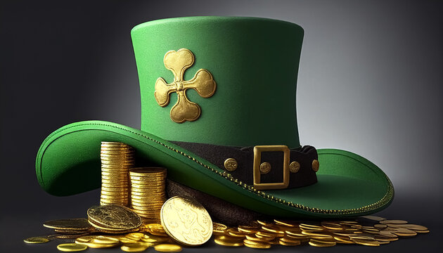 SOMBRERO Y MONEDAS. ILUSTRACION DIA DE SAN PATRICIO. FONDO OSCURO. COLOR. IA GENERATIVA. HORIZONTAL