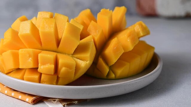 Fresh mango fruit halves in a plate. Exotic fruits.