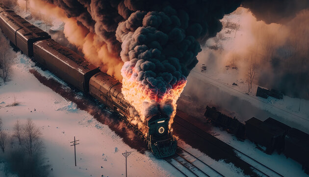 Railway Accident, Train, Fire, Drone View, Generative AI