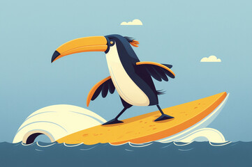 Surfing toucan cartoon illustration