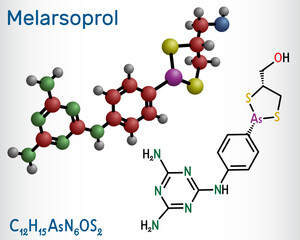 Melarsoprol drug molecule. Used to treat African sleeping sickness or African trypanosomiasis. Structural chemical formula and molecule model