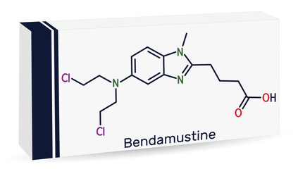 Bendamustine molecule. It is alkylating agent, used in treatment of lymphocytic leukemia. Skeletal chemical formula. Paper packaging for drugs