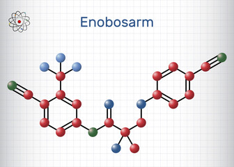 Enobosarm, ostarine molecule. It is non-steroidal agent with anabolic activity, selective androgen receptor modulator SARM. Structural chemical formula, molecule model. Sheet of paper in a cage