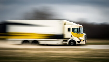 Fototapeta na wymiar a white and yellow semi truck driving down a road in the middle of the day with a blurry background of trees in the background. generative ai