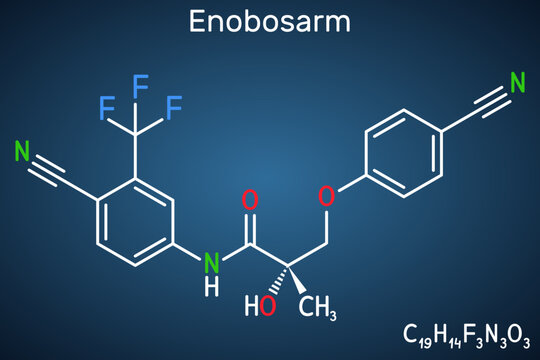 Enobosarm, ostarine molecule. It is non-steroidal agent with anabolic activity, selective androgen receptor modulator SARM. Structural chemical formula on the dark blue background.
