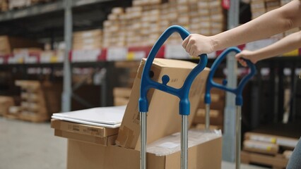 Hand of woman pushing shopping cart at large warehouse retail store