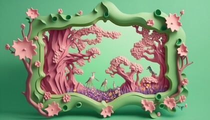  a green and pink frame with trees and flowers on it, and a bird in the distance, on a green background with pink stars.  generative ai
