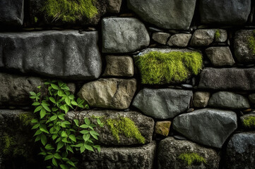Stone wall with mossy patches and vegetation