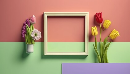  a vase with flowers and a picture frame on a wall next to a vase with flowers on a wall and a vase with tulips on the wall.  generative ai