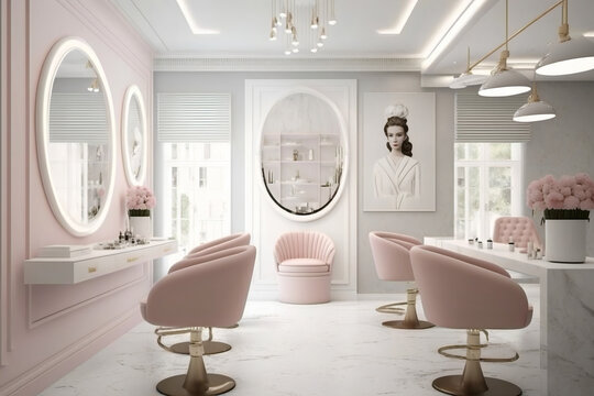 chic and modern hair salon for women, featuring a trendy and welcoming vibe with a touch of luxury and femininity. Shades of pink, gray, and white, with accents of metallic gold. generative ai