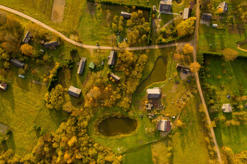 Drone photography of small rural village and farmlands