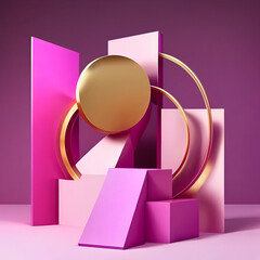 Abstract minimalistic scene with geometric forms. podium on purple Viva Magenta and gold background with shadows. Mock up, show cosmetic product display, Podium, stage pedestal platform. Generative AI