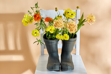gardening, international women's day and floral design concept - flowers in rubber boots on vintage chair over beige background