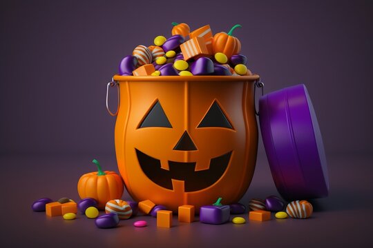 Jack O Lantern Full of Candies on Purple Background 