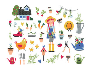 Vector set of illustrations of garden objects and a cute girl in a hat in a flat style. Set of garden accessories, garden house, seedlings, potted flowers, kettle with flowers, vegetables, chicken 