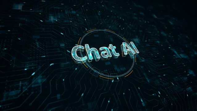 Motion graphics of the Chat AI letter with a futuristic HUD and circuit board is a machine learning smartbot artificial intelligence chatbot technology and ai automatic answer on abstract