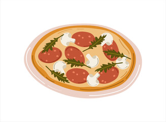 Fresh pizza with cheese, sausage, mushrooms , arugula. Traditional italian fast food. Vector illustration Isolated on white background.
