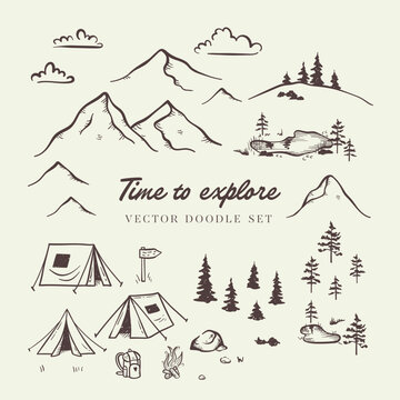 Cute hand drawn vector camping doodles, tents, landscape, trees and decoration.