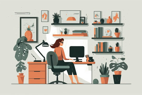 Woman working alone on computer sitting in chair with crossed legs. Flat design vector illustration, generative ai.
