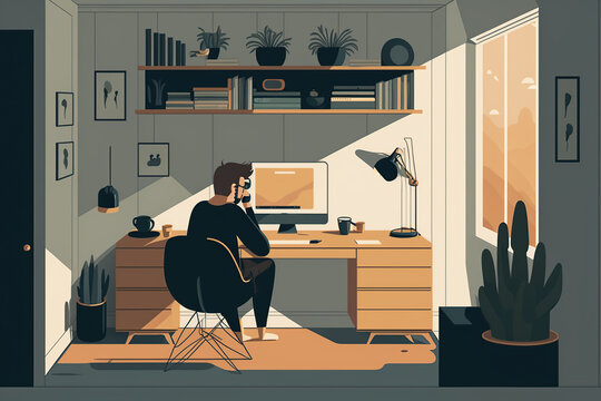 Modern Man Working On Computer At His Home Off Late At Night. Abstract Concept Art Lazy Sedentary Lifestyle Of A Young Freelancer Working From Home With Cat, Plants. Flat Illustration. Generative Ai.