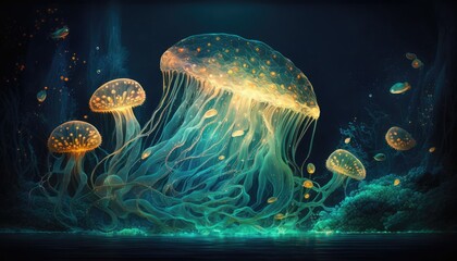 Fototapeta na wymiar Enchanted Waters: A Fantasy World of Glowing Jellyfish, AI Generative