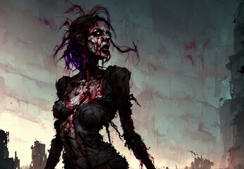 Portrait of a zombie woman on the background of the city. Zombie Apocalypse concept. Generative AI	 - obrazy, fototapety, plakaty