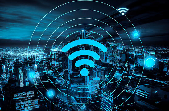 Generative AI illustration on backgroun of Wi Fi symbol, wireless networking digital hi tech innovation concept,
