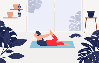 Beautiful girl practices yoga in flat style
