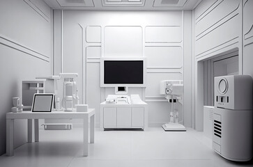 Naklejka na ściany i meble Generative AI illustration of futuristic and minimalist doctor's office all in white