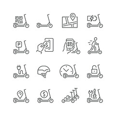 Electric scooter rental related icons: thin vector icon set, black and white kit