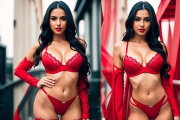 Sexy woman in red lingerie posing for a photo. Generative AI - obrazy, fototapety, plakaty