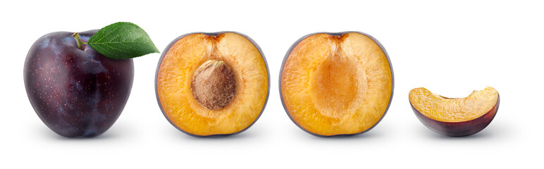 Whole fresh plum fruit with leaf, half and pieces in a row isolated on white background with clipping path