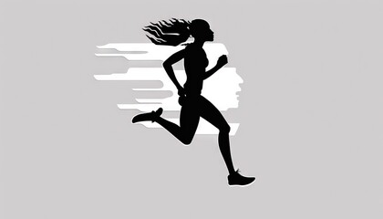 Fototapeta na wymiar a silhouette of a woman running on a gray background with the sun shining through the clouds in the background and the silhouette of a woman running. generative ai