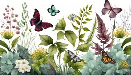  a group of butterflies flying over a lush green forest filled with flowers and leaves on a white background with a border of leaves and flowers.  generative ai