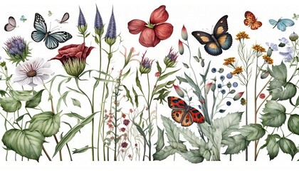  a bunch of butterflies flying over a field of flowers and plants on a white background with a white border around the edges of the image.  generative ai