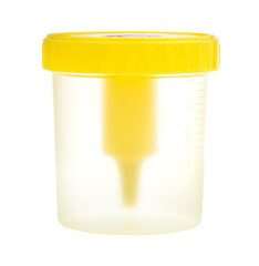 side view of empty plastic container for collecting medical urine test isolated on white background